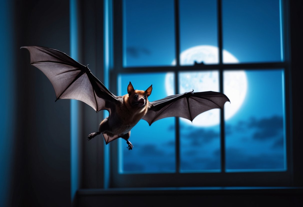 A bat flying around a dimly lit room, with its wings outstretched and ears perked up, while the moonlight shines through a nearby window