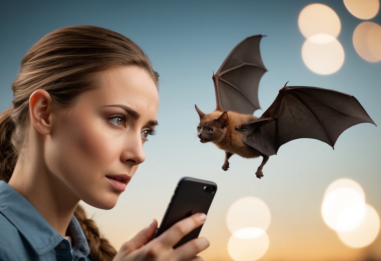 A bat hovers near a person's head, its wings outstretched. The person looks concerned, holding a phone