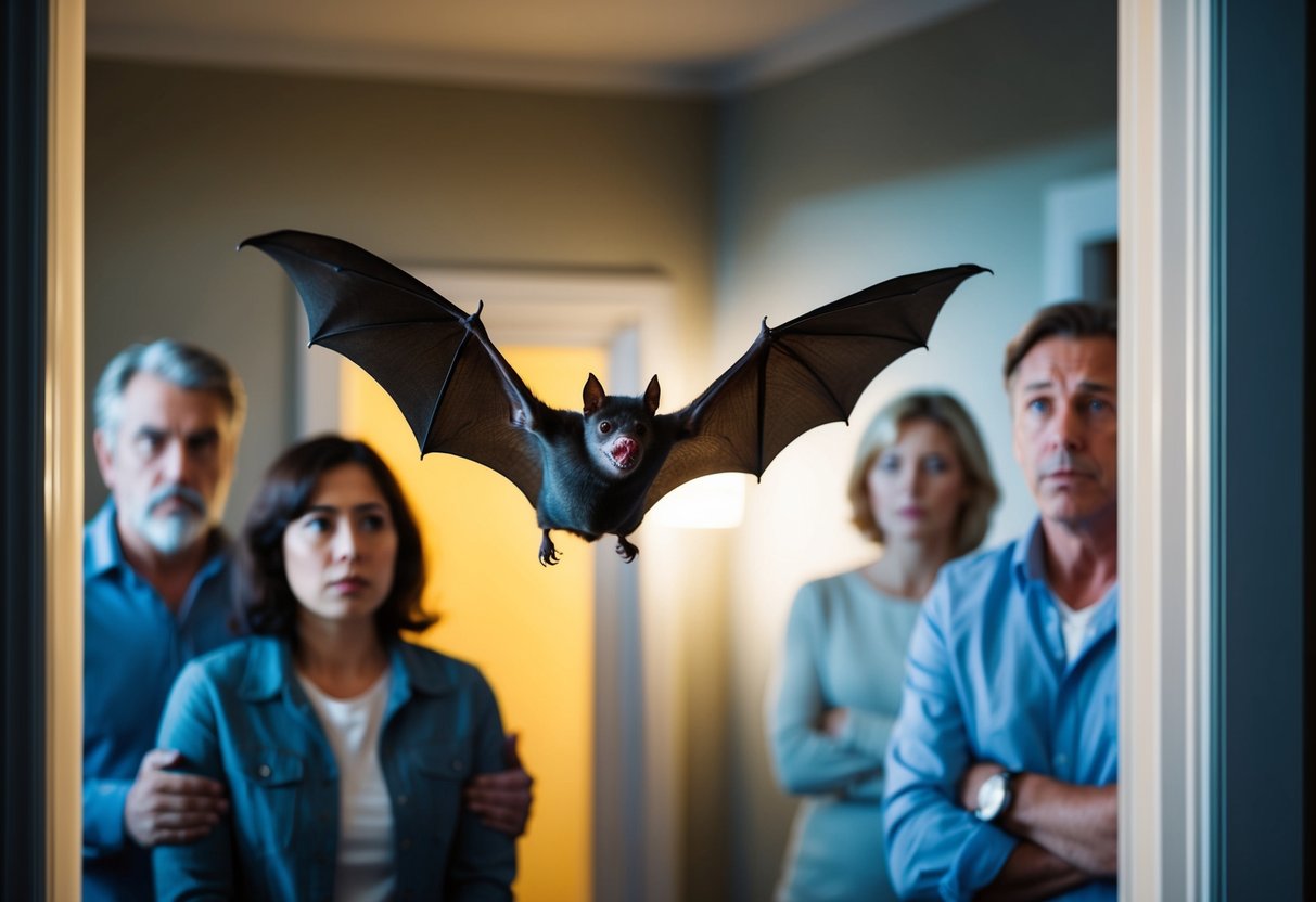 A bat flying inside a dimly lit house, with concerned expressions on the faces of the inhabitants