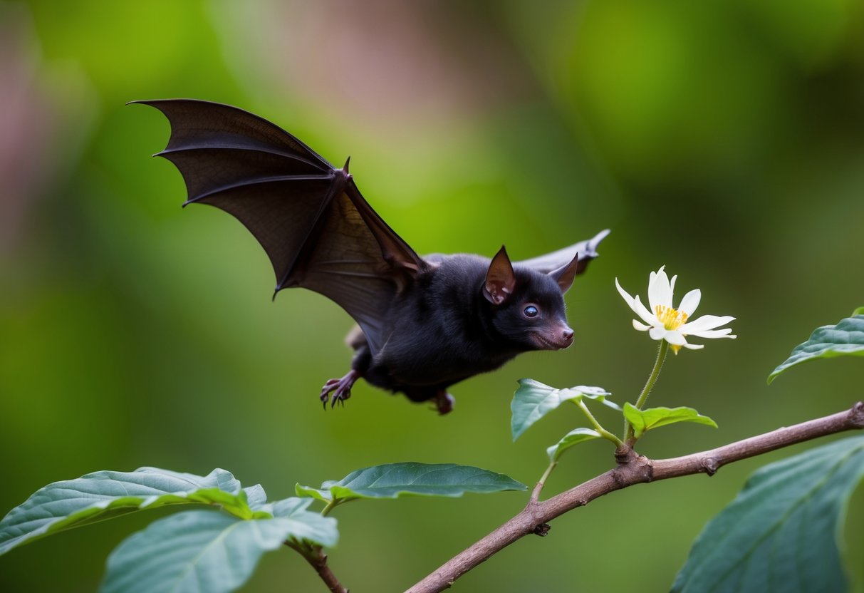 A bat gently lands on a leafy branch, its wings outstretched as it delicately touches a nearby flower