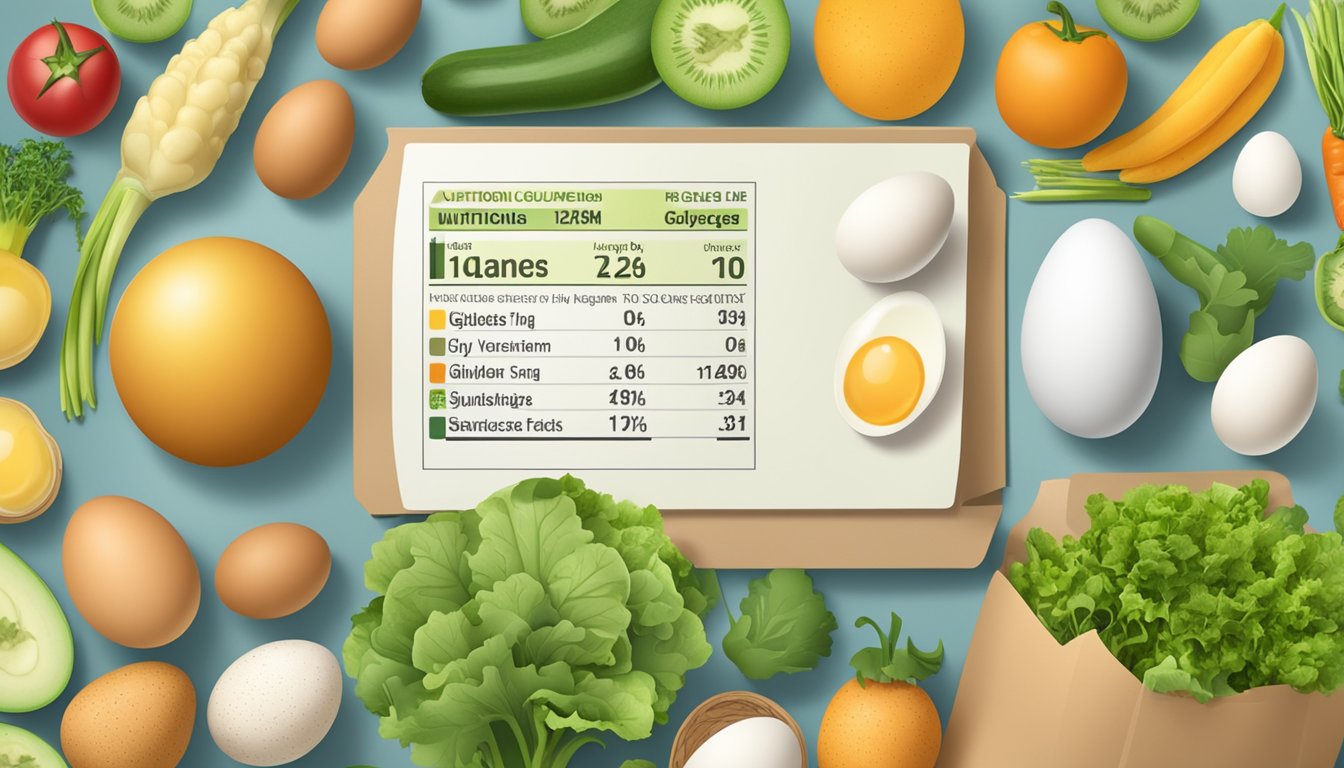 A carton of eggs surrounded by a variety of fresh vegetables and fruits, with a nutrition label and glycemic index chart displayed nearby