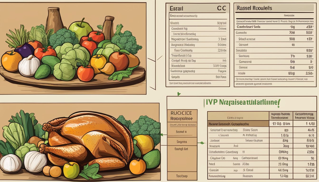 A roasted turkey surrounded by various fruits and vegetables, with a nutrition label and glycemic index chart displayed nearby