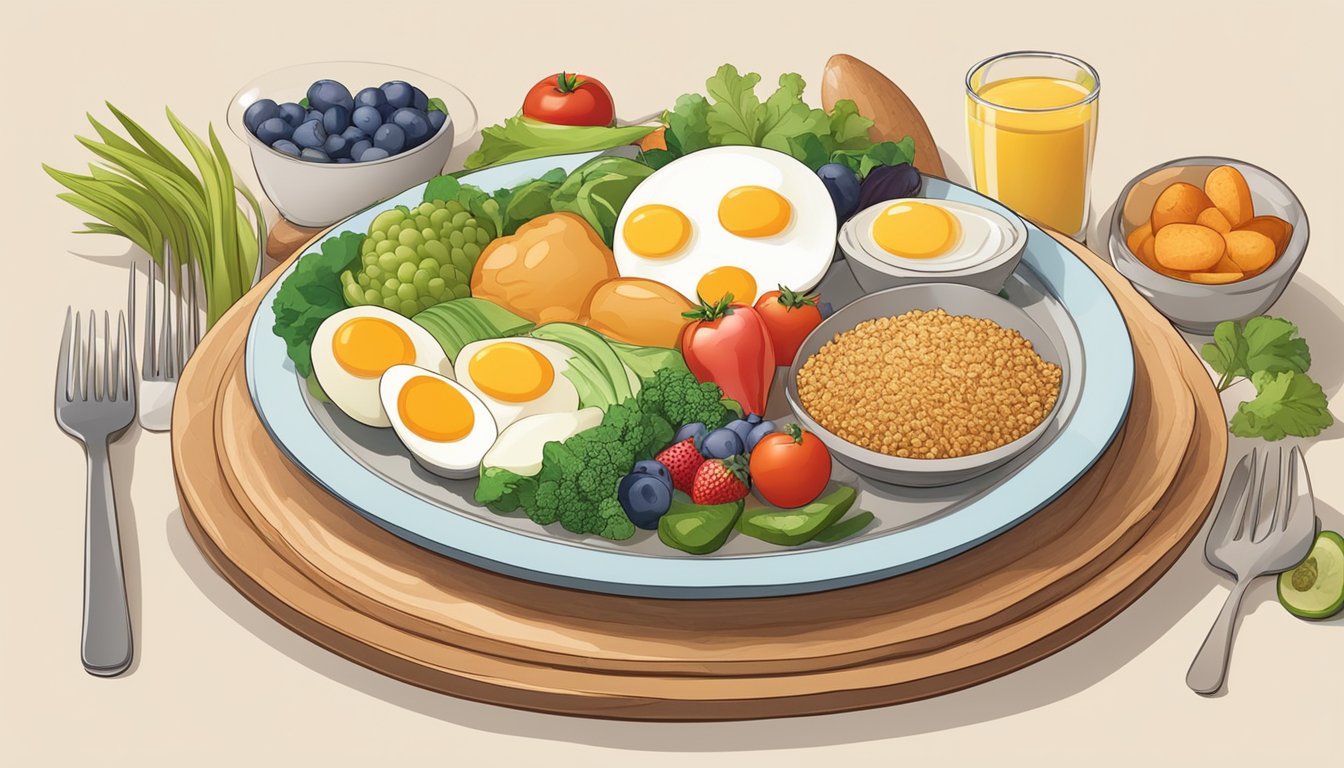 A plate with a variety of foods, including eggs, fruits, vegetables, and whole grains, arranged in a balanced and visually appealing manner