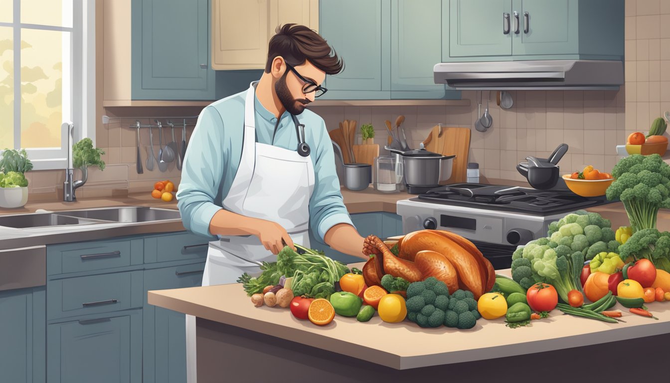 A person cooking a turkey with various fruits and vegetables on a kitchen counter, surrounded by medical documents and a laptop