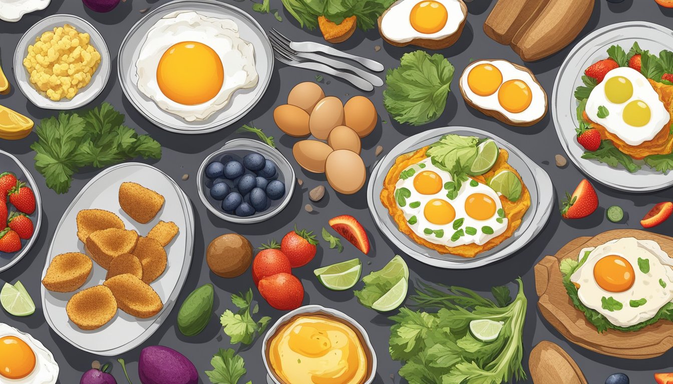 A variety of egg dishes arranged on a table, including boiled, scrambled, and fried eggs, surrounded by colorful fruits and vegetables