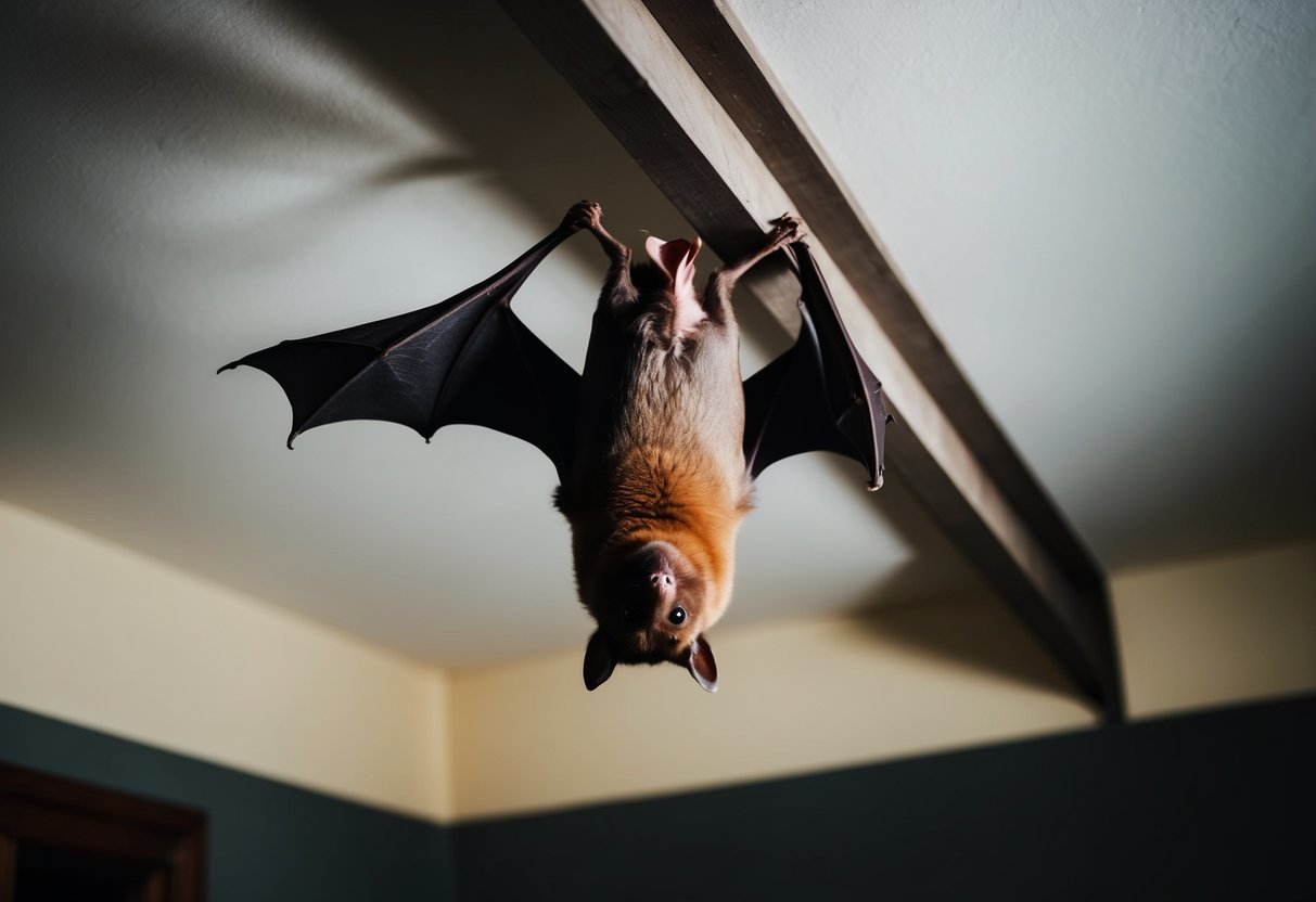 A bat hangs upside down from a ceiling beam inside a dimly lit room, surrounded by shadows