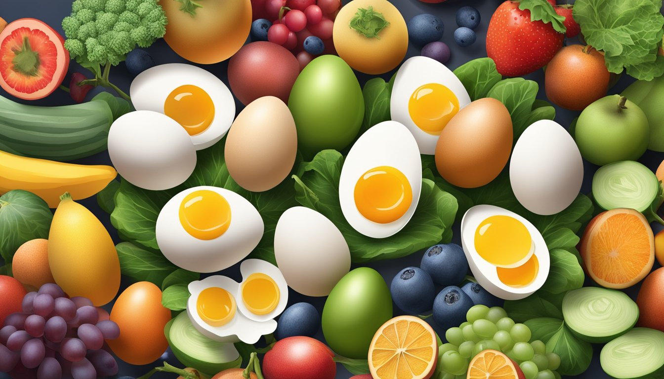 A carton of eggs surrounded by a variety of colorful fruits and vegetables, with a spotlight on the eggs to emphasize their importance in providing essential micro-nutrients