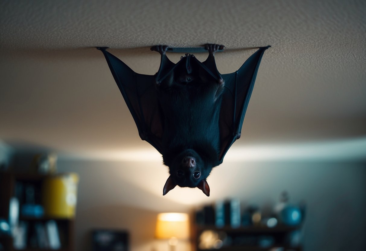 A bat perched upside down in a corner of a dimly lit room, surrounded by furniture and household items