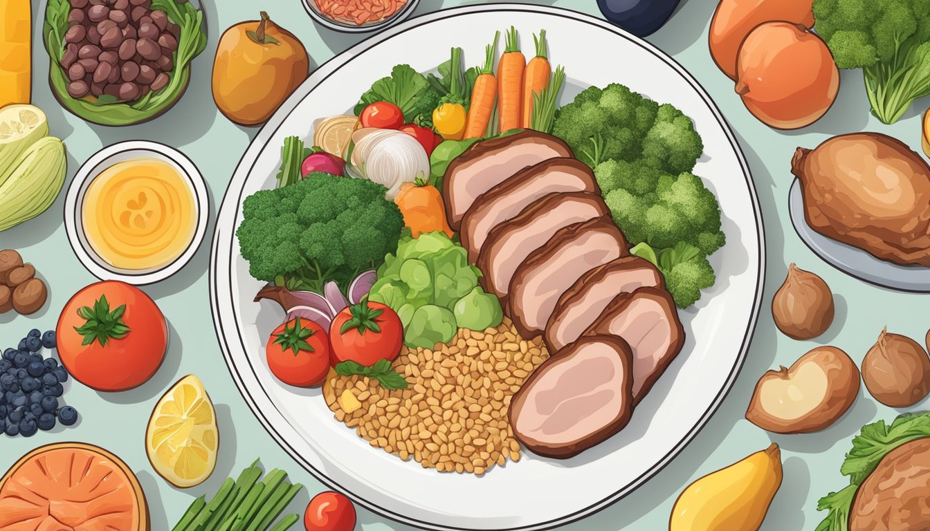 A plate of pork with a variety of low and high glycemic index foods surrounding it, such as vegetables, fruits, and grains