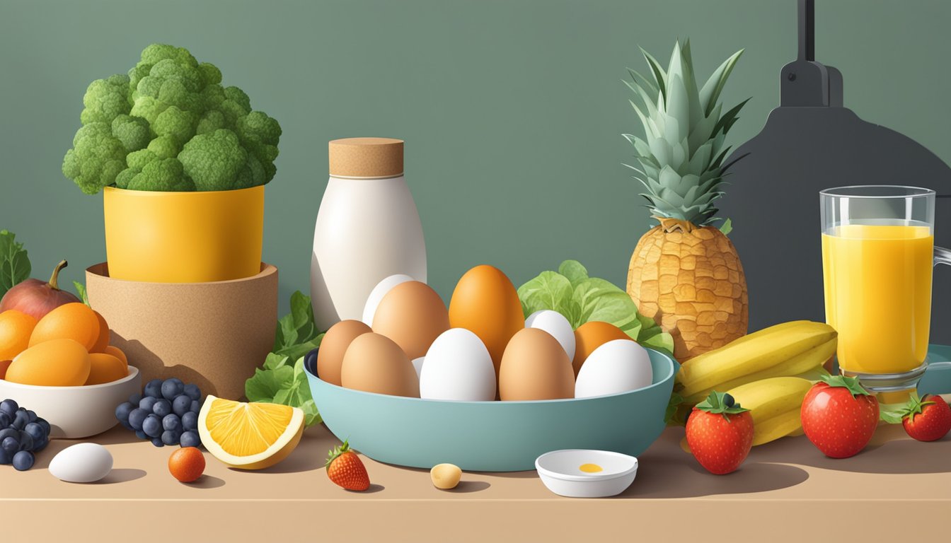 A carton of eggs surrounded by colorful fruits and vegetables on a kitchen counter