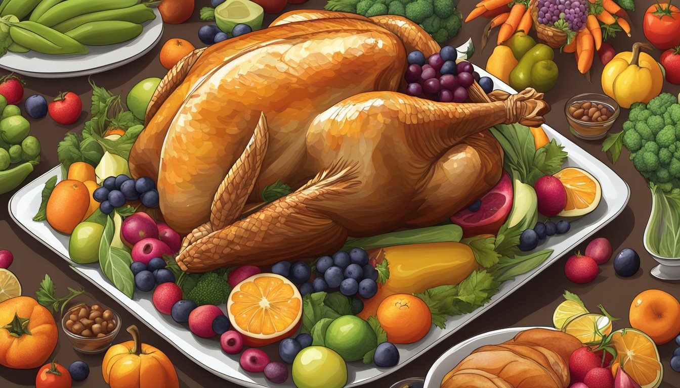 A roasted turkey surrounded by various fruits and vegetables, with a focus on colorful, nutrient-rich foods