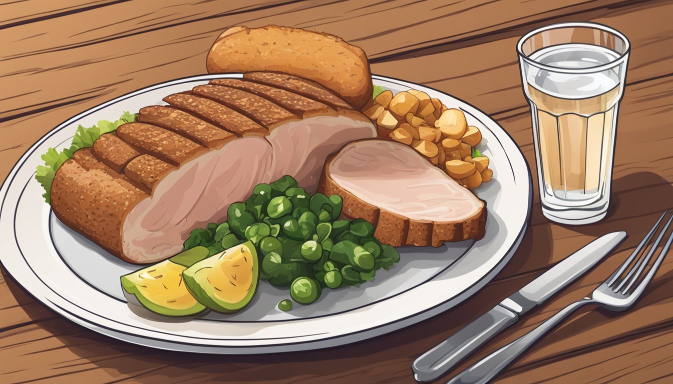 A plate of pork loin with a side of mixed vegetables, a slice of whole grain bread, and a glass of water on a wooden table