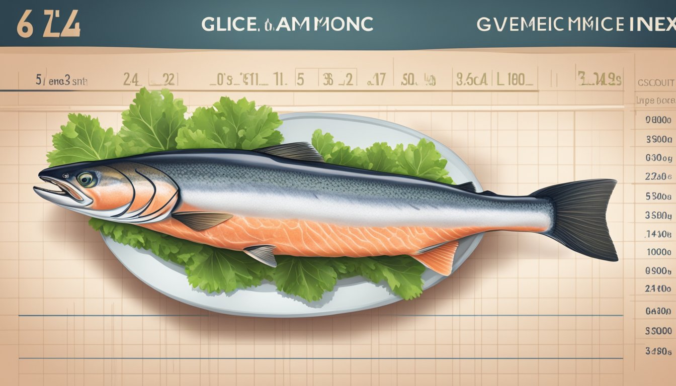 A salmon fillet placed next to a chart showing the glycemic index scale