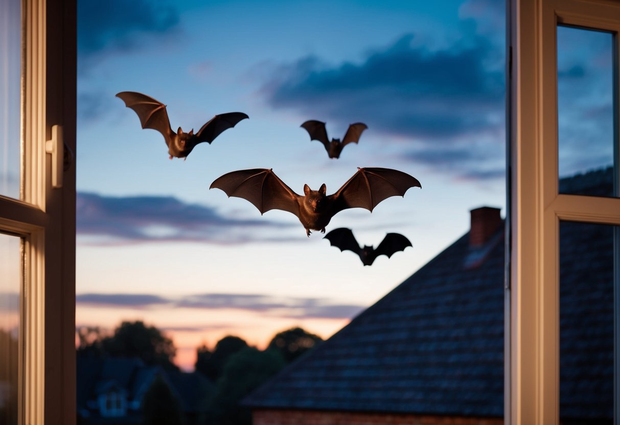 Bats flying out of a loft window at dusk in the UK