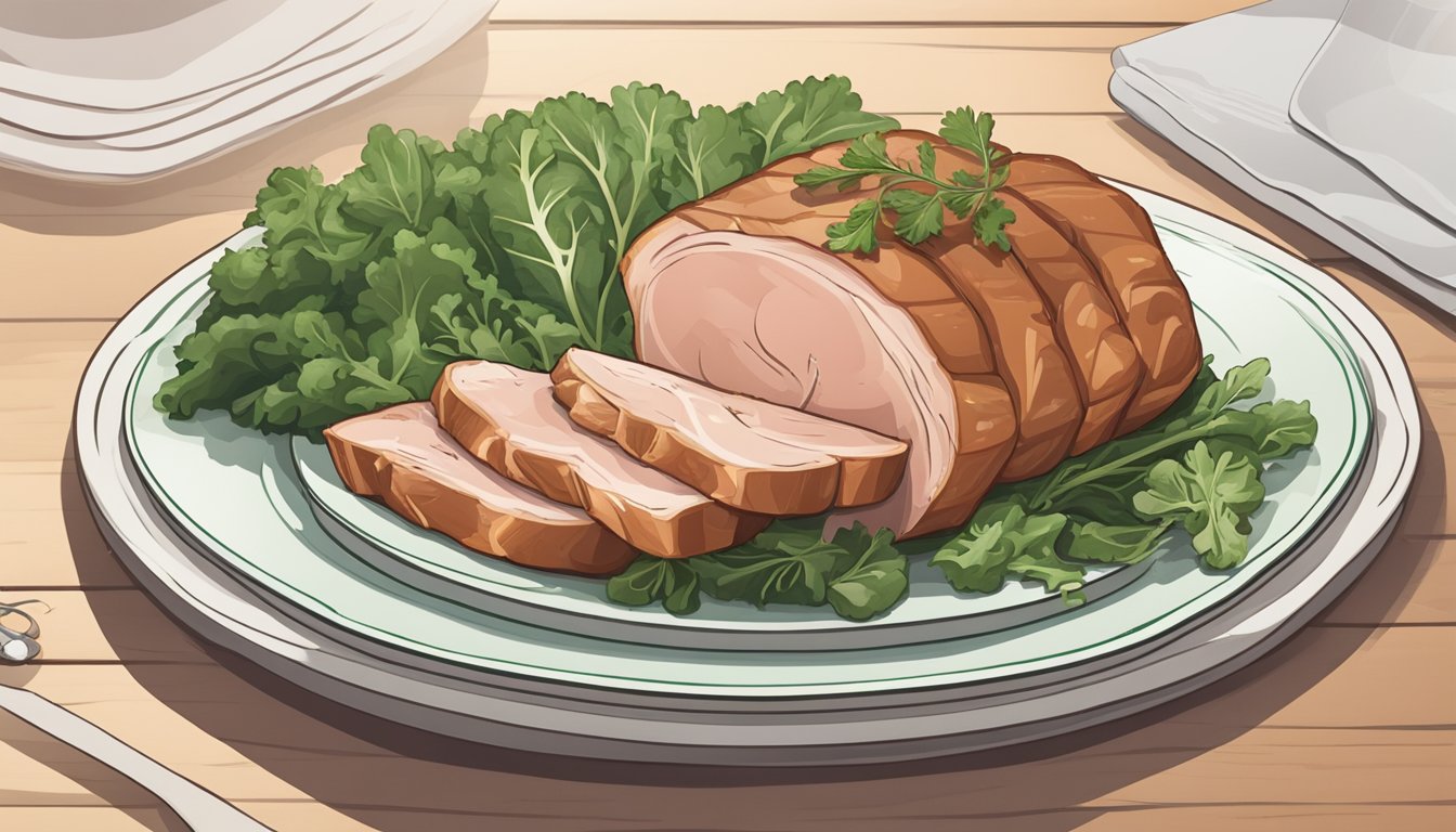 A plate of pork, leafy greens, and whole grains on a table. A heart-shaped symbol next to the pork