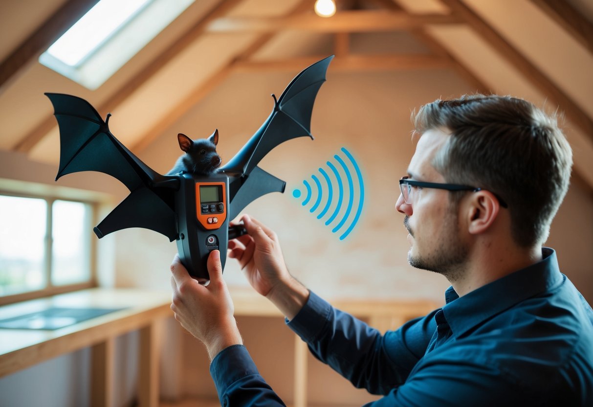 A bat detector is set up in a loft, with a technician analyzing the sound waves to assess bat presence