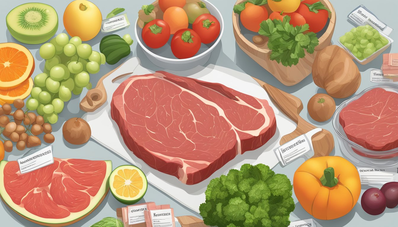 A raw beef steak surrounded by various fruits and vegetables, with a nutrition label and glycemic index chart in the background