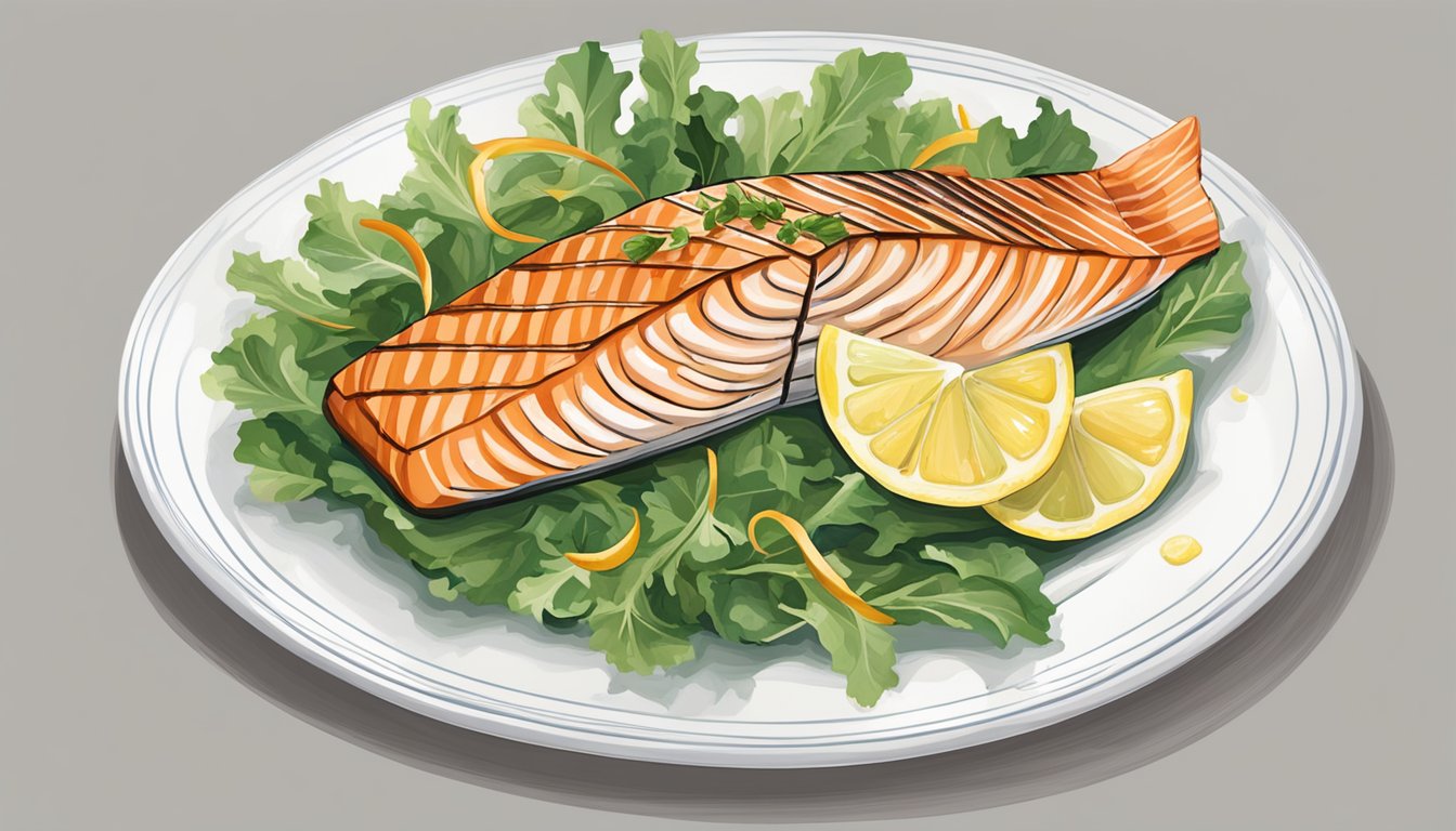 A plate of grilled salmon with a side of mixed greens and a slice of lemon, arranged on a white porcelain dish