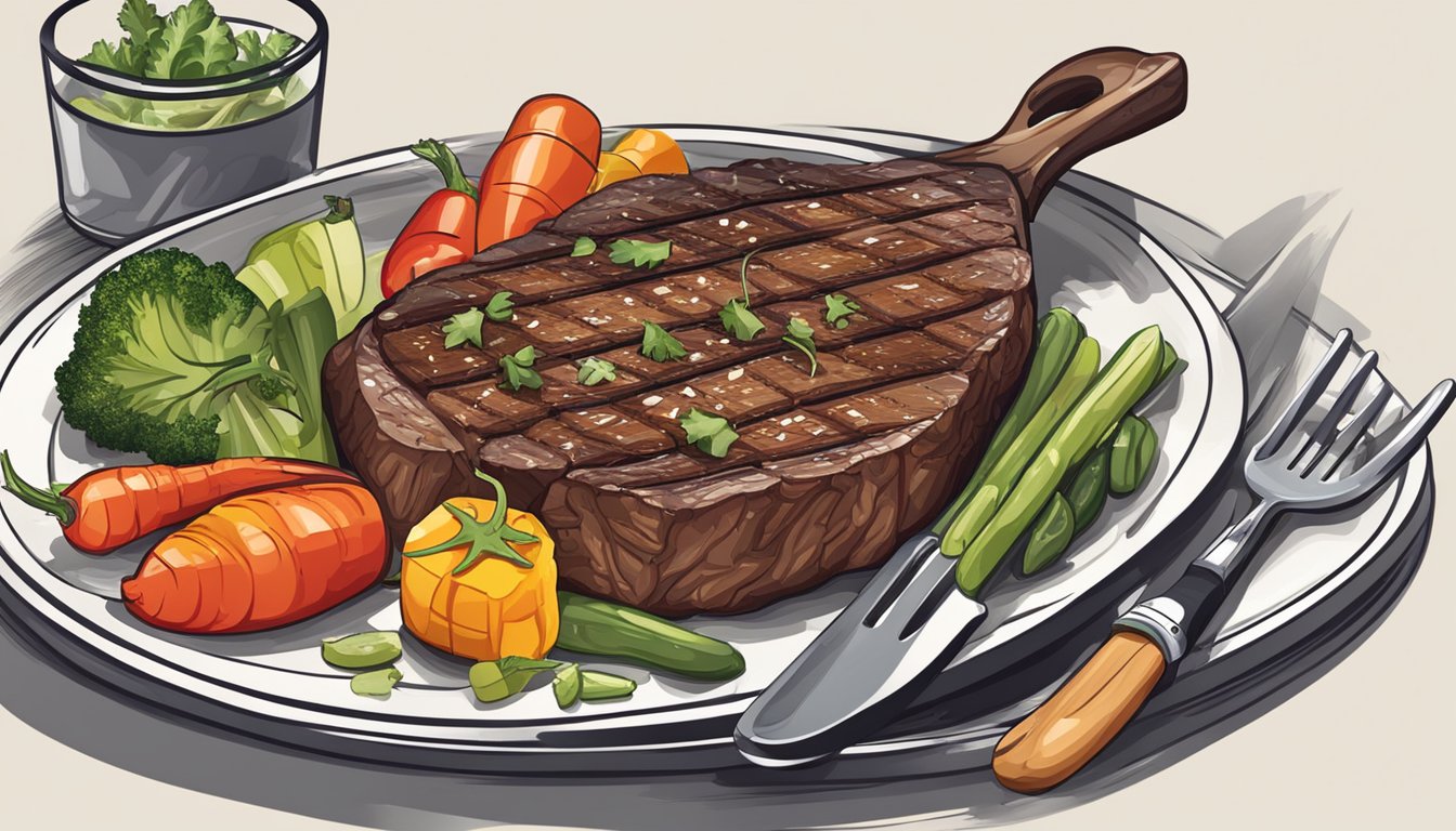 A sizzling steak on a grill next to a plate of colorful vegetables