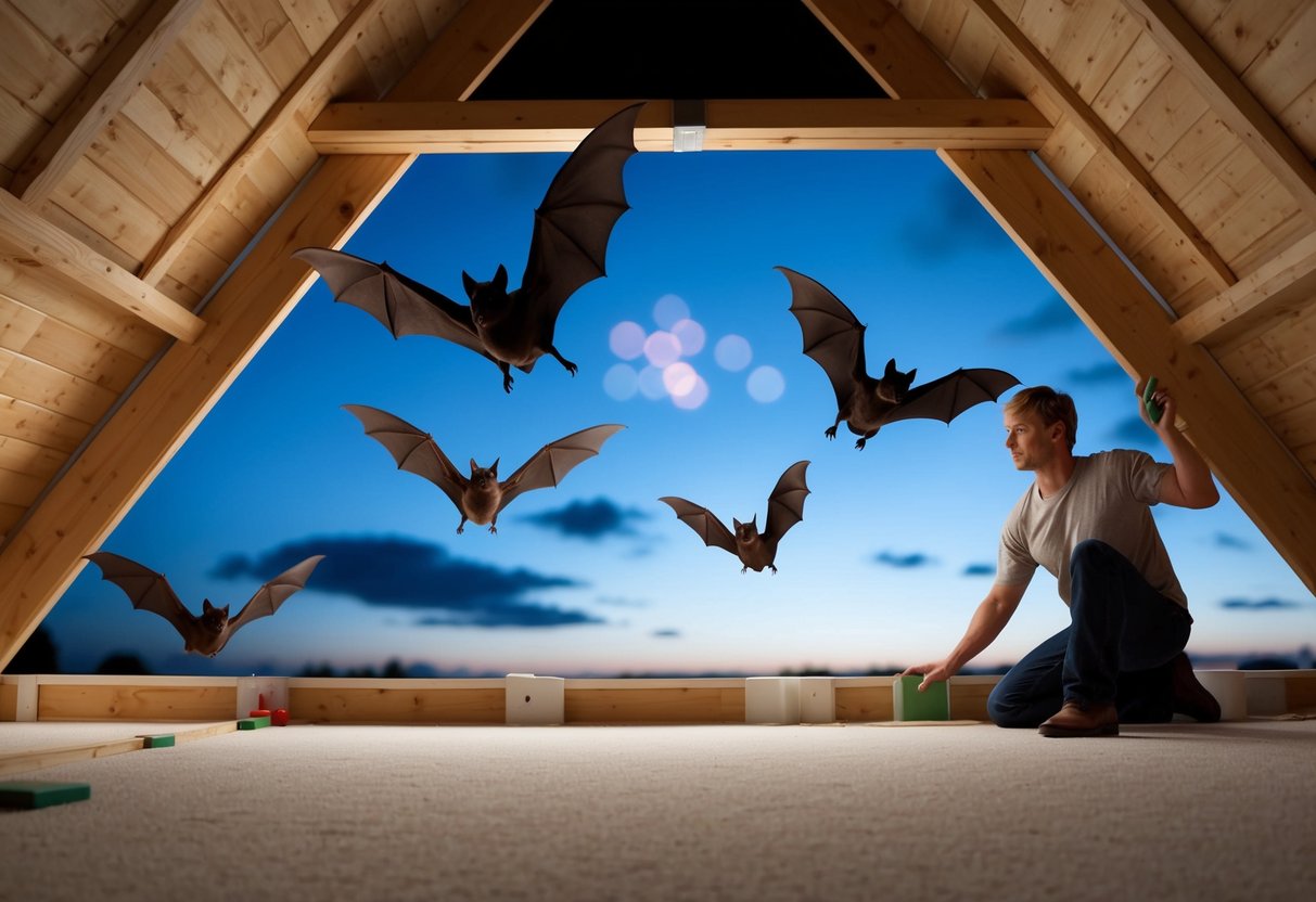 Bats flying out of a loft in the UK at dusk, with a person sealing off entry points