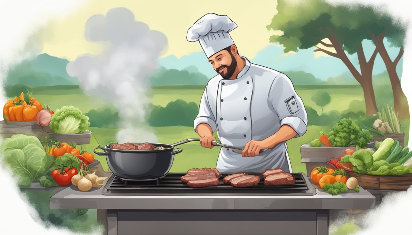 A chef grills pork on a barbecue, surrounded by fresh vegetables and herbs. A pot of boiling water steams in the background