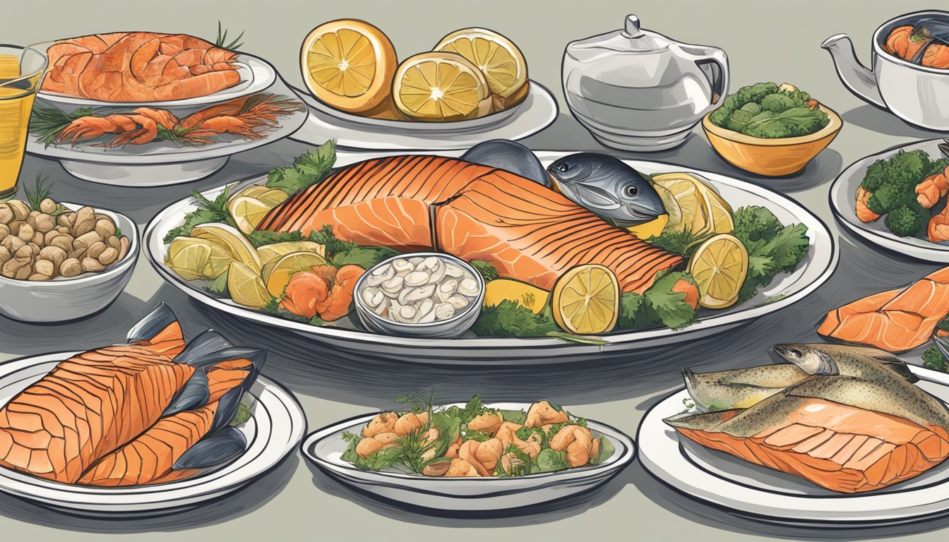 A plate with a variety of seafood, including salmon, arranged in a visually appealing manner for comparison