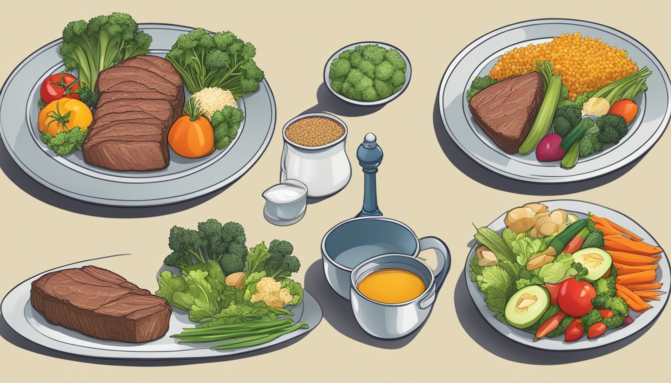 A plate with a balanced meal featuring beef, whole grains, and vegetables, with a focus on the glycemic index of the food items