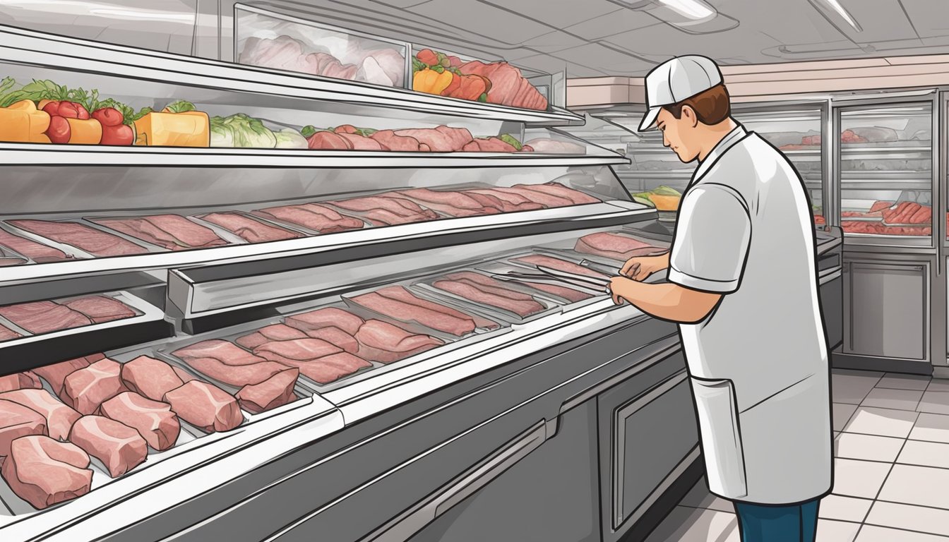 A butcher selecting and packaging fresh pork cuts in a refrigerated display case at a grocery store