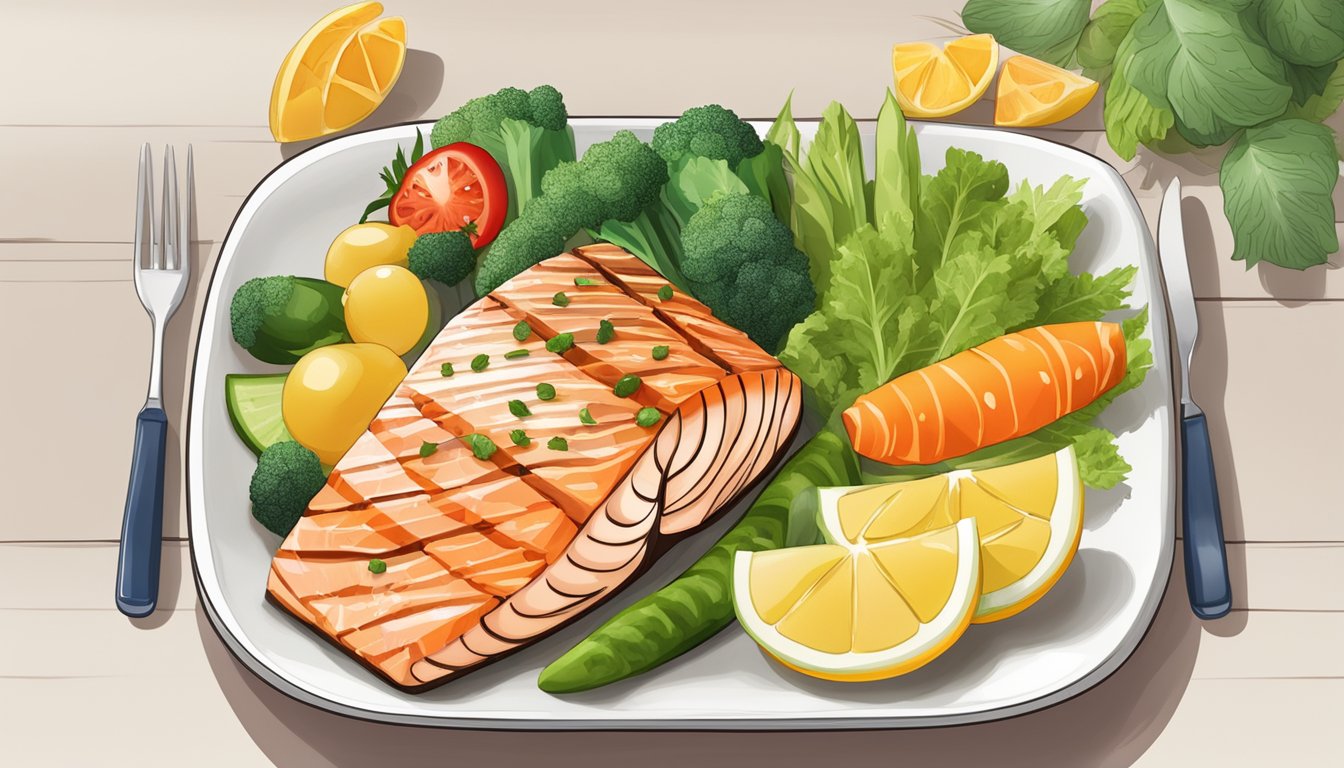 A plate of grilled salmon surrounded by low-glycemic index vegetables and fruits