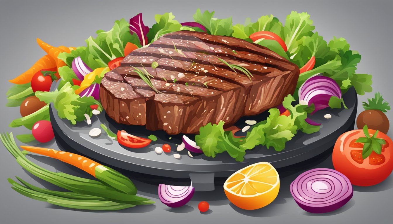 A juicy steak sizzling on a grill, surrounded by vibrant vegetables and a colorful salad