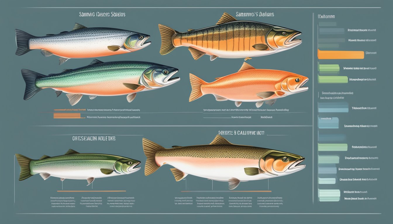 A variety of salmon types arranged in a row, with a chart showing their respective glycemic index values displayed next to them