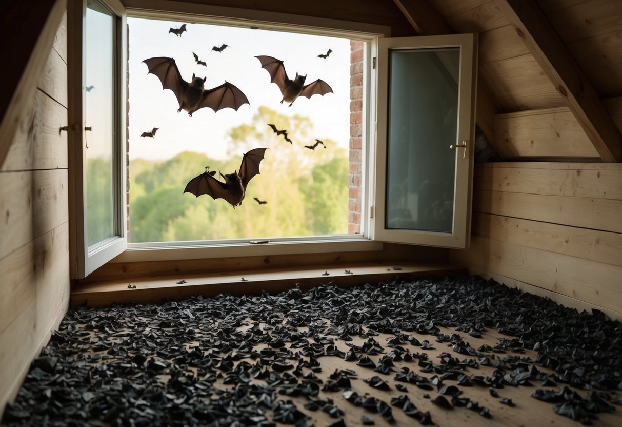 A loft with bats flying in and out through an open window, with scattered droppings and signs of nesting