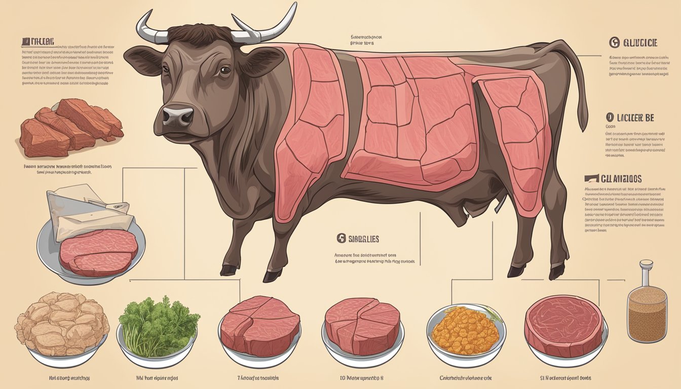 A table with various cuts of beef and a chart showing the glycemic index values