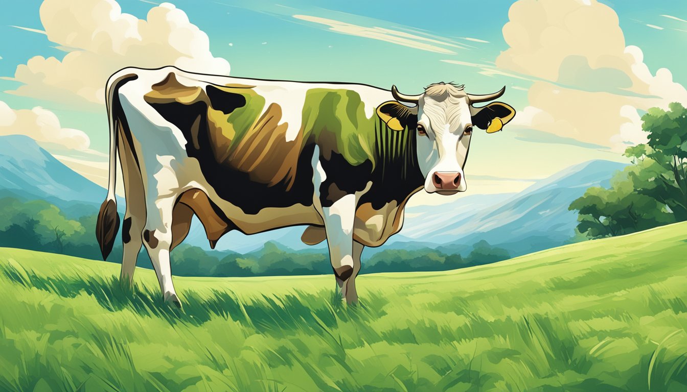 A cow grazing in a lush, green pasture with a clear blue sky overhead