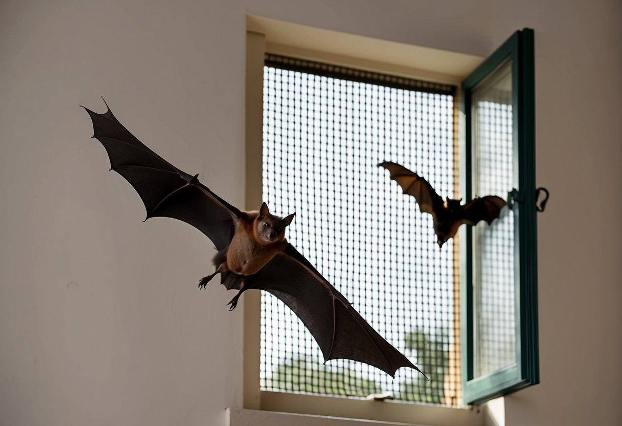 A bat flying out of an open loft window, with a mesh covering the opening to prevent re-entry