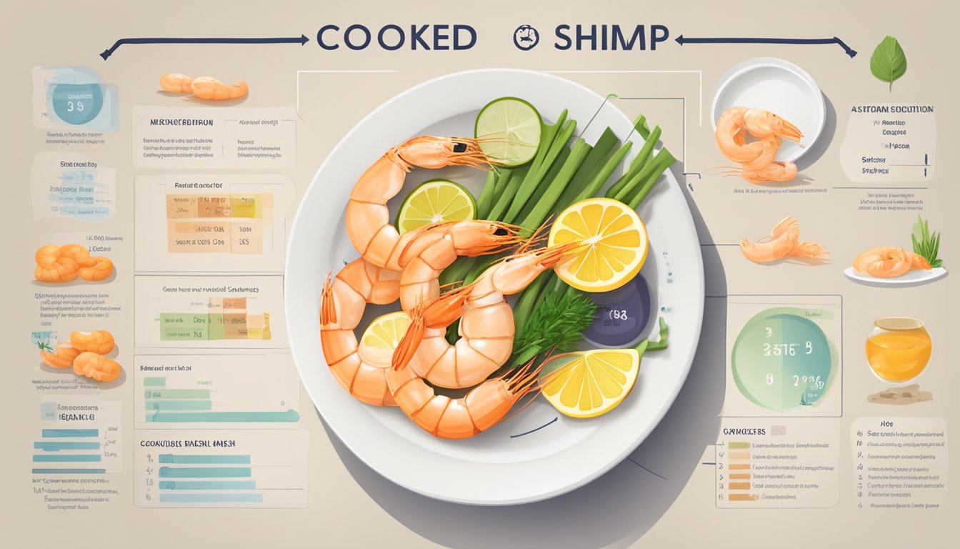 A plate of cooked shrimp surrounded by various nutritional information labels and a glycemic index chart