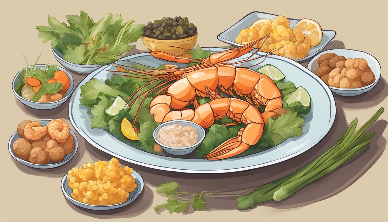 A plate with shrimp surrounded by a variety of foods representing different dietary patterns