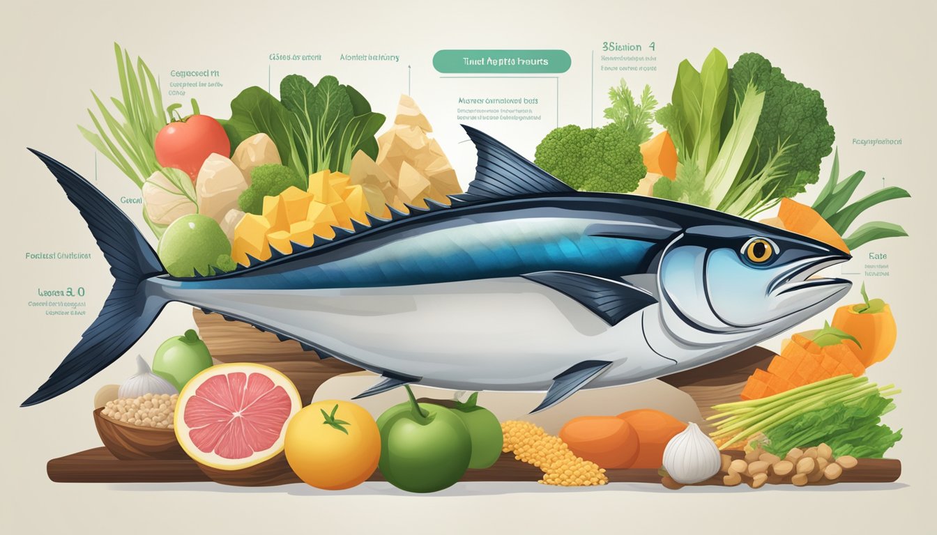 A tuna fish surrounded by various nutrient-rich foods, with a glycemic index chart in the background