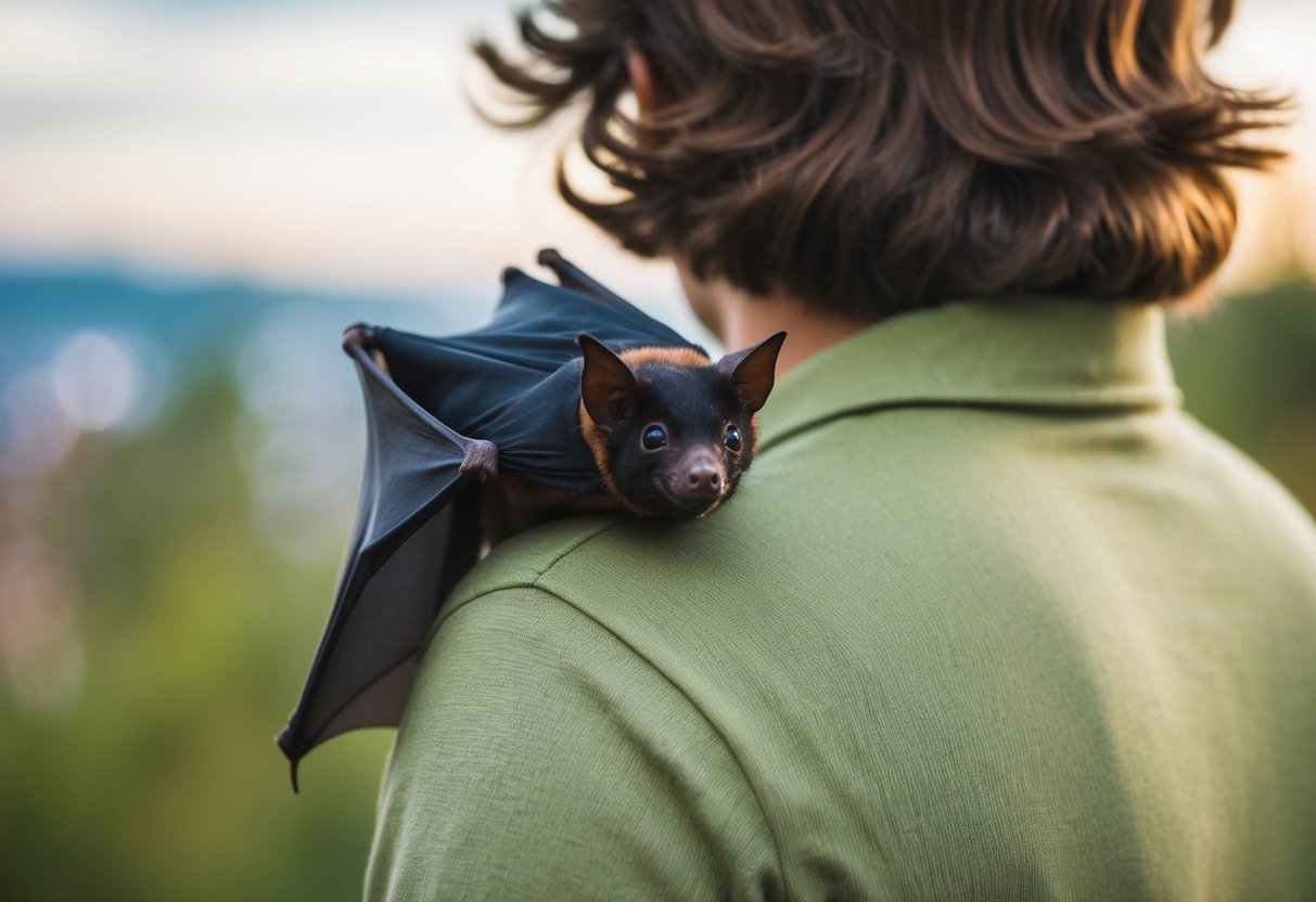 A bat brushes against a person's shoulder, causing them to startle and step back