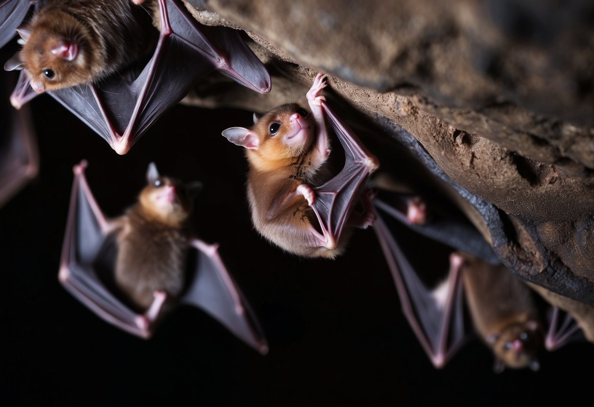 A baby bat clings to the ceiling of a dark cave, surrounded by other bats. It chirps softly, waiting for its mother to return with food