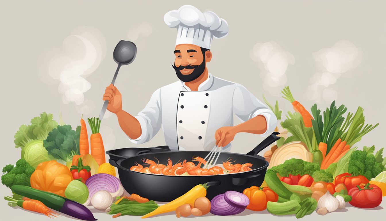 A chef sautéing shrimp in a sizzling pan, surrounded by a variety of colorful vegetables and aromatic spices