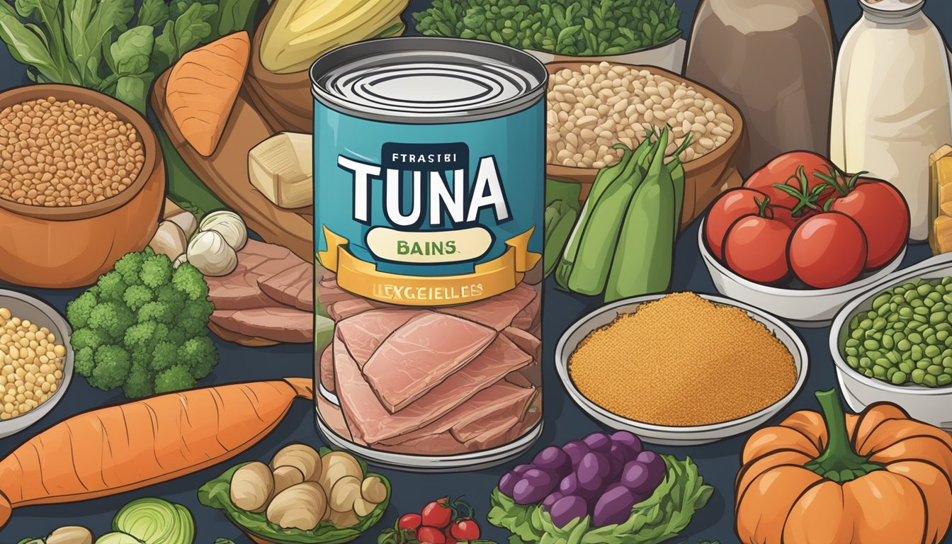 A can of tuna surrounded by a variety of low glycemic index foods such as vegetables, whole grains, and legumes