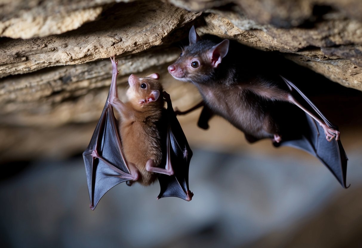 A baby bat clings to the ceiling of a cave, its wings still small and undeveloped. Its mother hovers nearby, bringing it food and guidance as it learns to navigate its new world