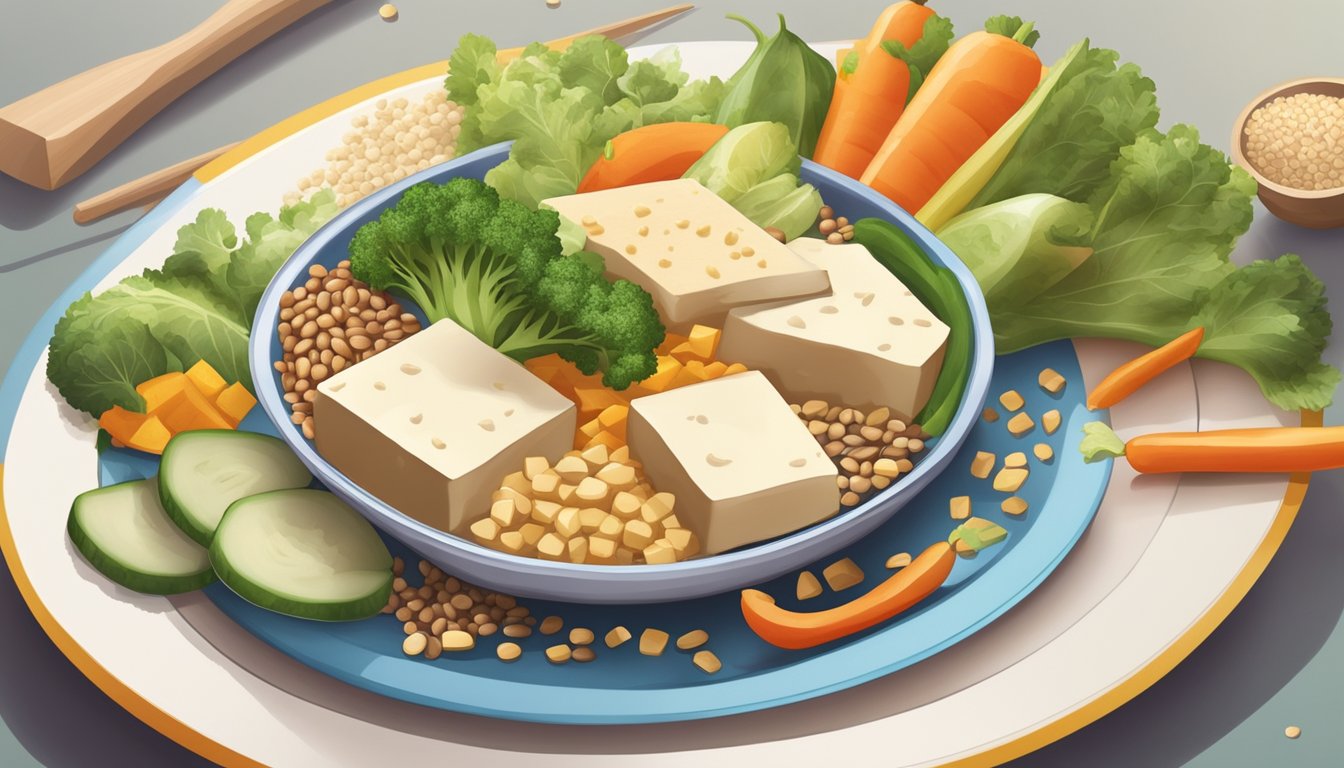 A colorful plate with tofu, vegetables, and grains arranged in a balanced manner, with a focus on the tofu as the central component