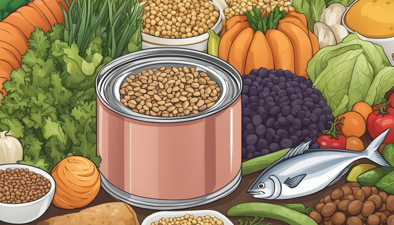 A can of tuna surrounded by a variety of low glycemic index foods such as vegetables, whole grains, and legumes