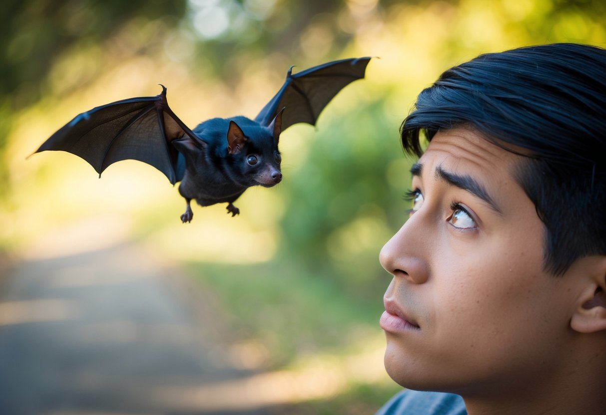 A bat hovering near a person's head, with a worried expression on the person's face