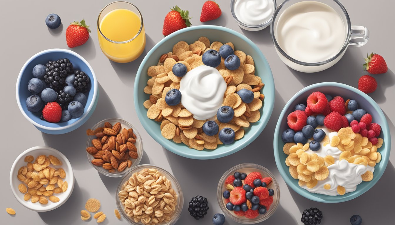 A bowl of Fiber One Original cereal surrounded by a variety of low-glycemic breakfast options, such as berries, nuts, and Greek yogurt