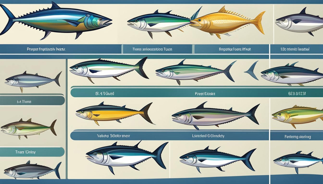 A variety of tuna species displayed alongside different preparation methods, with a chart showing their respective glycemic index values