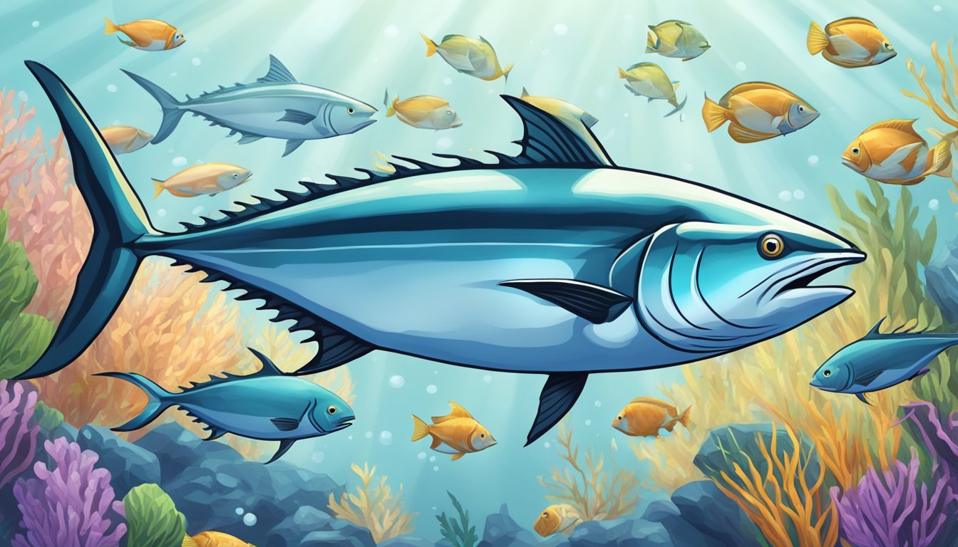 A tuna swimming alongside other fish, with a focus on its distinct appearance and size compared to the other fish