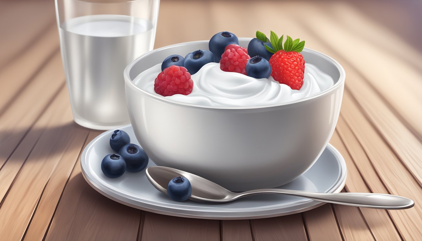 A bowl of Greek yogurt topped with fresh berries sits on a wooden table next to a spoon and a glass of water